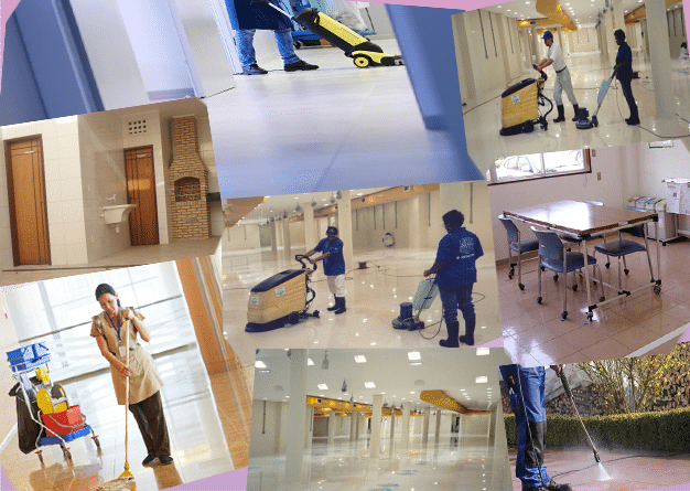 Montagem de fotos de funcionários de Empresa de limpeza e Terceirização de Serviços executando as atividades
