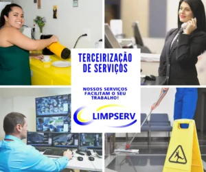 4 fotos, a primeira mulher usando garrafa térmica, a segunda mulher usando uniforme de recepcionista, atendendo telefone, a terceira homem com camisa azul monitorando cãmeras e a última homem limpando e placa de piso molhado. Ao centro logotipo da empresa de terceirização de serviços Limp Serv