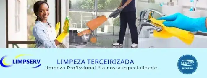 Empresa de limpeza terceirizada, pessoas trabalhando usando maquinários, ferramentas e produtos de limpeza