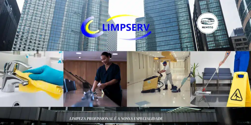 Montagem de fotos, tendo ao fundo conjunto com vários edifícios de escritórios, no alto logotipo da empresa de limpeza profissional limp serv. 4 fotos de funcionários executando serviços de limpeza, usando equipamentos de limpeza.