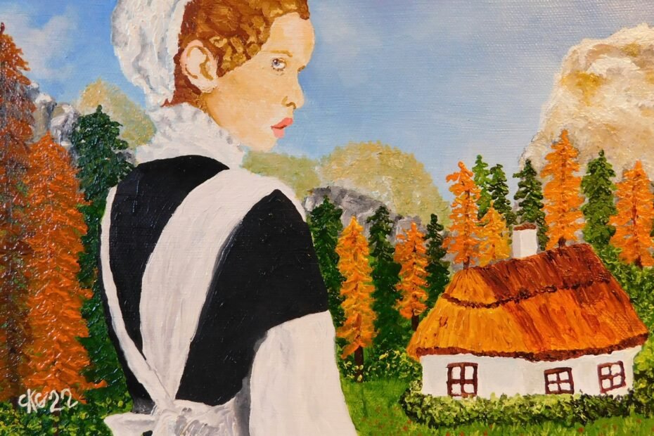 Uma pintura com uma mulher, com um vestido preto e branco, lembrando figura antiga de empregada doméstica, em frenTe a uma casa e paisagem coloridas. Postagem de comemoração dos 25 anos da LimpServ Excelência em Limpeza Profissional