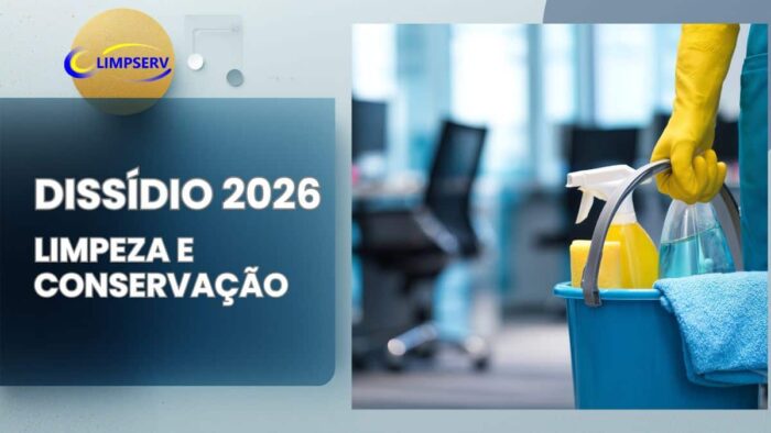 Mãos segurando cesta com produtos de limpeza em escritório e texto dissídio limpeza 2026 SP